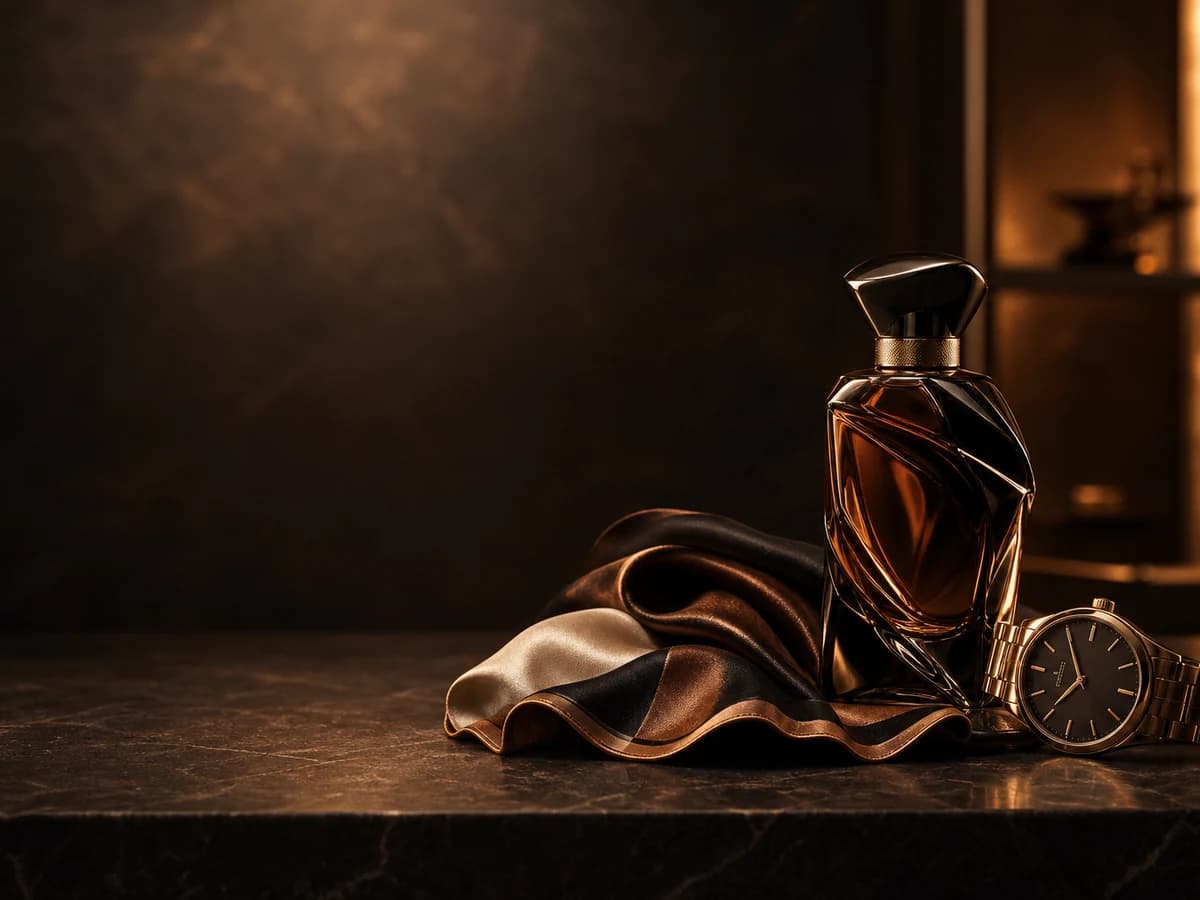 Perfume, silk and watch arranged on dark stone